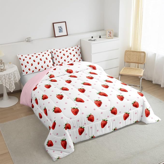 jejeloiu Sweet Strawberry Duvet Cover Toddle Size 3D Print Bedding Set for Kids Boys Girls Pink Wave Dot Comforter Cover Set Kawaii Fruit Bedspread Cover 2Pcs