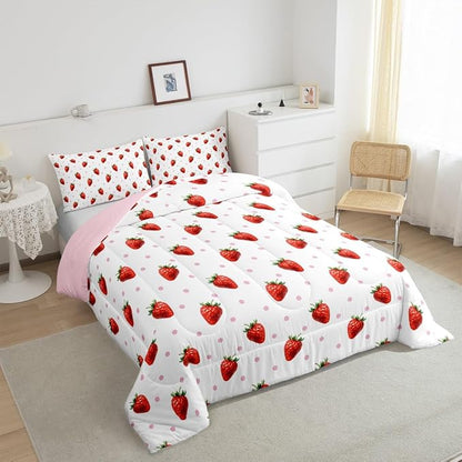 jejeloiu Sweet Strawberry Duvet Cover Toddle Size 3D Print Bedding Set for Kids Boys Girls Pink Wave Dot Comforter Cover Set Kawaii Fruit Bedspread Cover 2Pcs