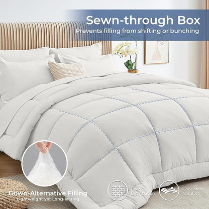 Sasttie King Size Comforter Set, 7 Pieces Bed in a Bag King, Complete Bedding Set Includes Comforter, Flat Sheet, Fitted Sheet, Pillowcases and Pillow Shams, Ivory