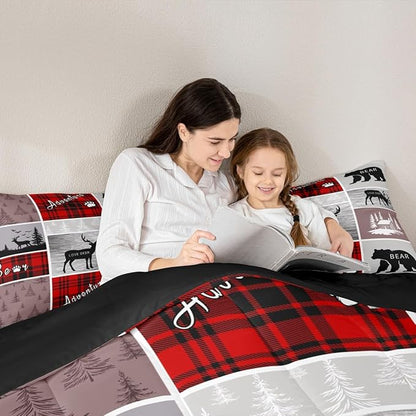 Erosebridal Rustic Plaid Patchwork Comforter Set Queen, Hunting Bear Deer Bedding Set Country Farmhouse Vintage Duvet Insert Woodland Wild Animal Grid Claw Quilt Adventure Camping Bedroom Decor, Red