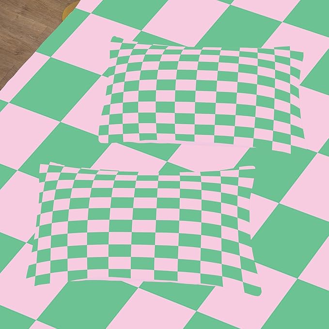 Tailor Shop Green Pink Plaid Comforter Sets Twin Women Men Green Checkerboard Grid Bedding Boys Girls Modern Grass Checkered Geometric Quilts Aesthetic Room Decor with 1 Pillowcases……