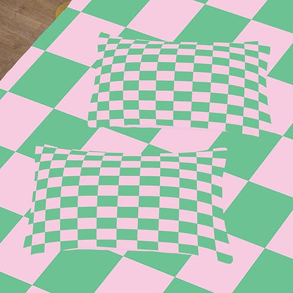 Tailor Shop Green Pink Plaid Comforter Sets King Women Men Green Checkerboard Grid Bedding Boys Girls Modern Grass Checkered Geometric Quilts Aesthetic Room Decor with 2 Pillowcases…