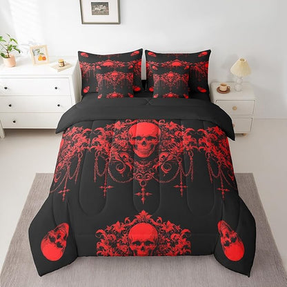 Erosebridal Gothic Comforter Set 7 Piece Bed in a Bag Twin,Goth Sugar Skull Black Red Damask Bedding Set,Bohemian Vintage Floral Comforter and Sheet Set,Exotic Antique Victorian Baroque Decor