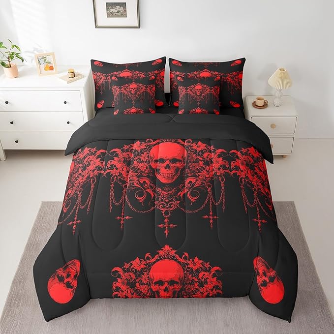 Erosebridal Gothic Bed in a Bag King Size Comforter Set 7 Pieces,Goth Sugar Skull Black Red Damask Bedding Set,Bohemian Vintage Floral Comforter and Sheet Set,Exotic Antique Victorian Baroque Decor