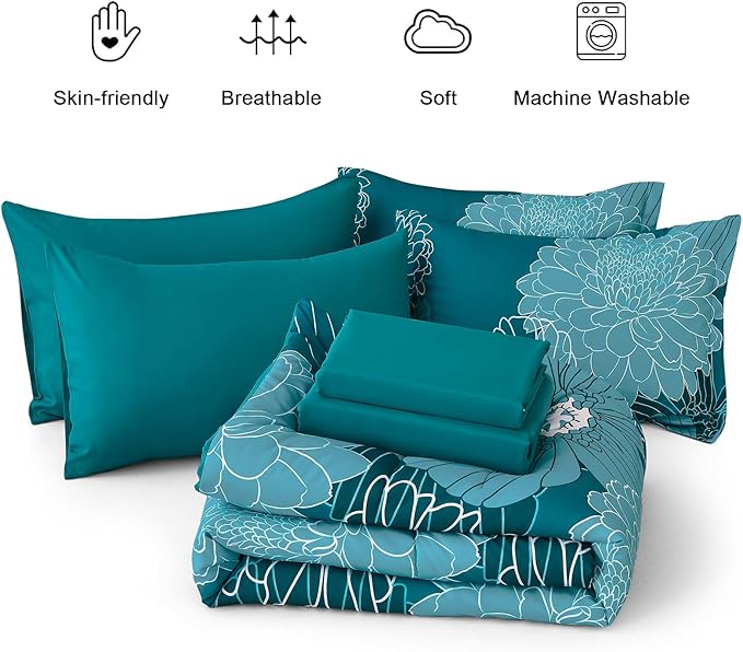 California King Comforter Set,Teal Elegant Floral Print Bed in a Bag 7 Pieces Comforter,Ultra Soft & Breathable Soft Microfiber Boho Bedding Set with Flat Sheet Fitted Sheet Pillowshams Pillowcases