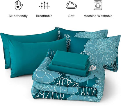 California King Comforter Set,Teal Elegant Floral Print Bed in a Bag 7 Pieces Comforter,Ultra Soft & Breathable Soft Microfiber Boho Bedding Set with Flat Sheet Fitted Sheet Pillowshams Pillowcases