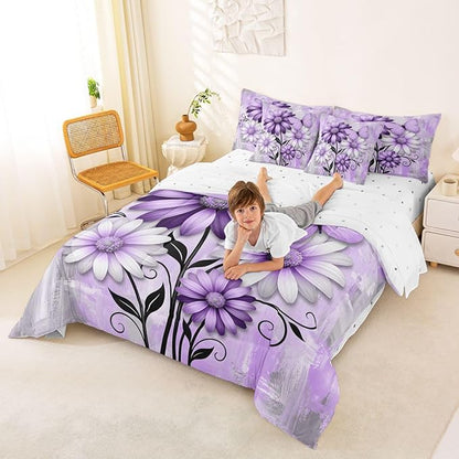Feelyou Purple Floral Comforter Set with Sheets 7 Piece King Size Daisy Blossom Flowers Pattern Bedding Set for Kids Boys Girls Abstract Geometric Art Bed in a Bag Room Decor Microfiber