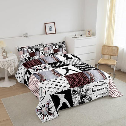 Feelyou Rugby Sports Comforter Set Queen Size Football Comforter for Boys Girls Teens Baseball Bedding Set Basketball Duvet Set Room Decor Balck Grey White Mixed Ball Quilt Set