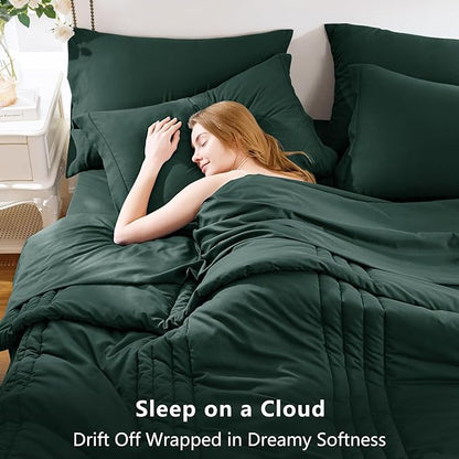 CozyLux Queen Comforter Set - 7 Pieces Bed in a Bag Forest Green Comforter Set with Sheets Luxury Bed Set All Seasons, Soft Bedding Set with Down Alternative Comforter, Sheets, Pillowcases & Shams