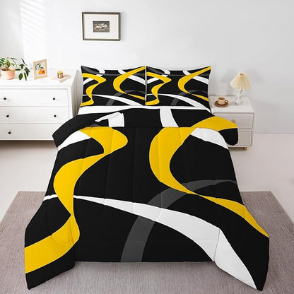 Erosebridal Grey Black Yellow Bedding Comforter Sets Gray White Striped Abstract Bedding Set Queen for Kids Adults Geometric Stripes Down Comforter Modern Fashion Quilt Duvet 3 Pcs