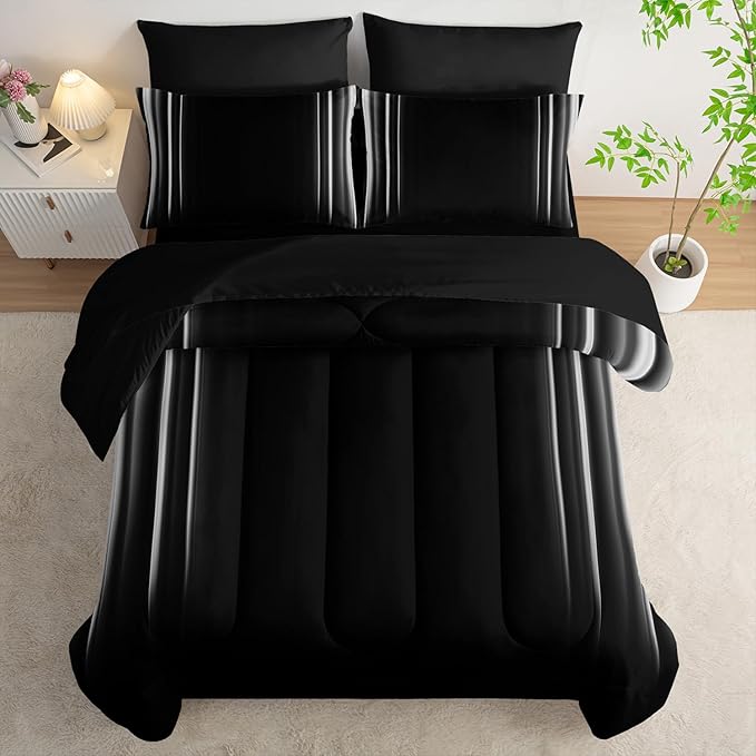 White and Black Bedding Set Full Size Abstract Ombre Comforter Set Bedding Set 7 Piece in A Bag,Dark Quilt Set Mordern Art Decor All Seasons with Pillowcases,Flat, Fitted Sheet