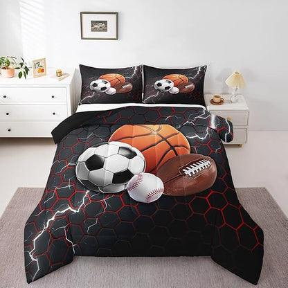 Feelyou Basketball Comforter Set King Size Rugby Sports Comforter for Boys Girls Teens Football Bedding Set Baseball Duvet Set Room Decor Balck Red Mixed Ball Quilt Set