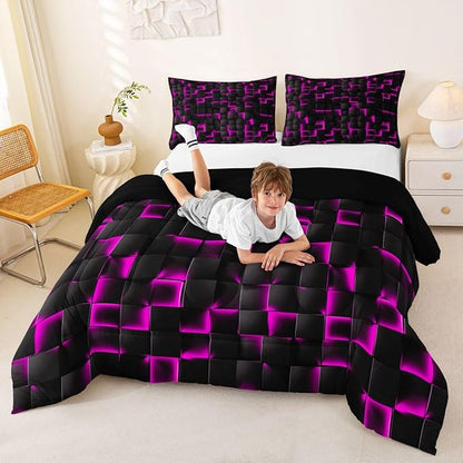 Erosebridal Neon Black Purple Comforter Set Twin Violet Geometric Checkered Bedding Set for Kids Teen Adults Gaming Room Decor,Abstract Ombre Plaid Comforter Grids Quilt Duvet