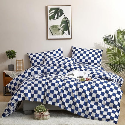 CLOTHKNOW Blue White Plaid Twin/Twin XL Comforter Set 3Pcs Grid Bedding Comforter Sets Royal Blue White Bed Comforter Blue Bedding Sets Soft