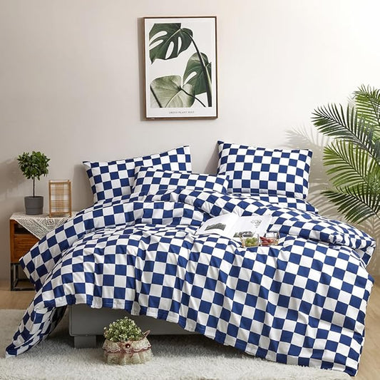 CLOTHKNOW Blue White Plaid Queen Comforter Set 3Pcs Grid Bedding Comforter Sets Checkerboard Comforter Royal Blue White Comforter with 2 Pillow Cases