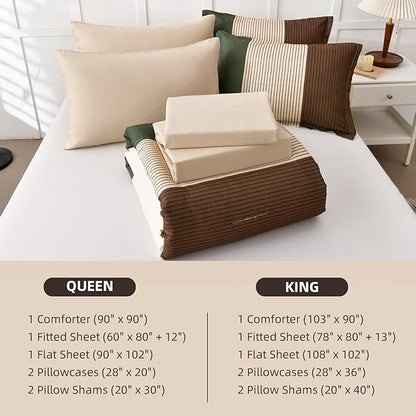 Anibedding Striped Comforter Set King Size, Boho Brown Green Striped Bedding Comforter Set 7 Piece Bed in a Bag, Soft Microfiber Down Alternative Farmhouse Bedding Set for All Season(104"x90")