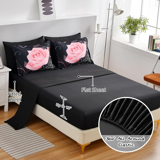 Xruibed Blush Comforter Set Queen 7 Piece Bed in a Bag Blush Rose Flower Comforter with Sheet Set Soft Micorfiber Bedding Set (1 Comforter,2 Pillow Shams,1 Flat Sheet,1 Fitted Sheet,2 Pillowcases)