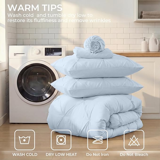 Sasttie Twin Comforter Set, 5-Piece Bed in a Bag, Pintuck Bedding Sets for All Season, Includes Comforter, Flat Sheet, Fitted Sheet, Pillowcase and Pillowsham, Light Blue