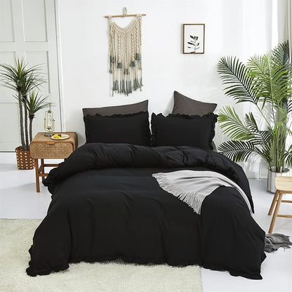 Luxlovery Black Ruffle Comforter Set Queen Farmhouse Shabby Khaki Bedding Comforter Set Full All Black Color Quilts Blankets Vintage Shabby Soft Breathable Boho Bedding Set for Queen Bed Women Men