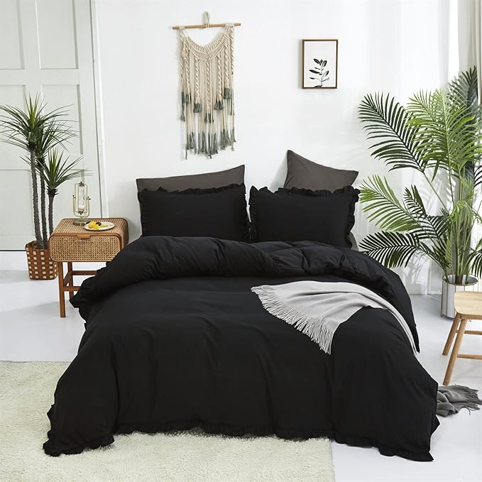 Luxlovery Black Ruffle Comforter Set King Pure Farmhouse Bedding Shabby Boho Taupe Blanket Quilts Vintage Chic All Dark Color for Bed Women Men, Black,