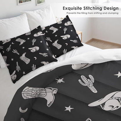 Comforter Set Queen Size, Western Cactus Cowboy Soft 3 Pcs Bedding for Kids and Adults, Boho Cowgirl American Comforter Set with Pillowcase, for Bedroom Bed Decor