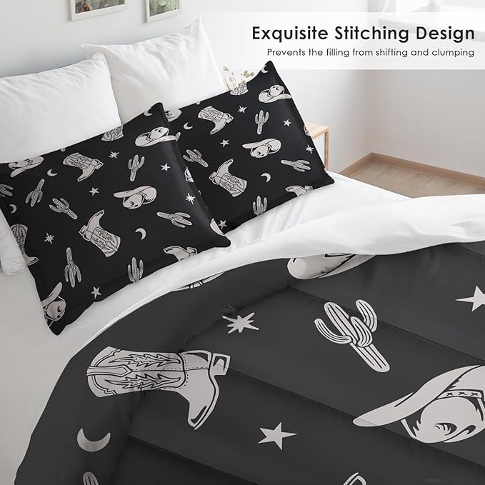 Comforter Set Full Size, Western Cactus Cowboy Soft 3 Pcs Bedding for Kids and Adults, Boho Cowgirl American Comforter Set with Pillowcase, for Bedroom Bed Decor
