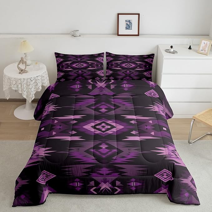 Feelyou Purple Black Southwestern Comforter Set,Geometric Tribal Native American Indian Bedding Set Full Size,Adult Bedroom Room Decor,Vinatge Exotic Style Stripe Line Comforter,Bed Set