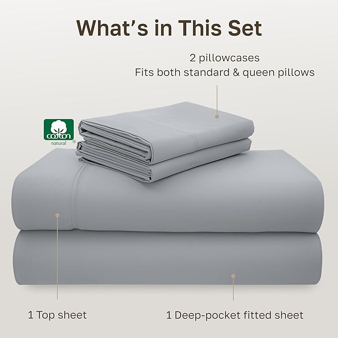 California Design Den Queen Size Sheet Set - Luxury 600 Thread Count Sateen, 100% Cotton Sheets, Deep Pockets with All Around Elastic for a Snug Fit, Hotel Quality Bedding Set - Light Grey