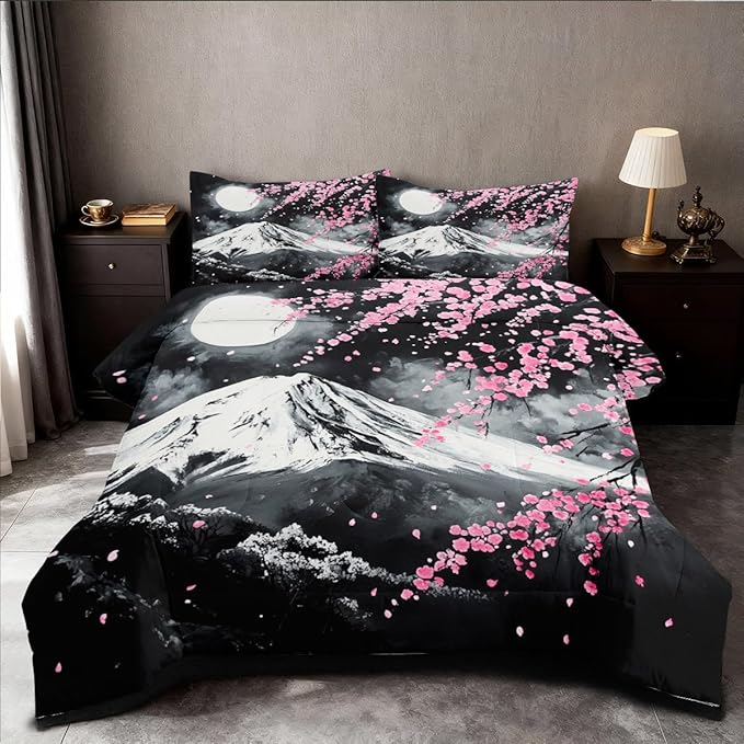 Japanese Cherry Blossom Comforter Set Full Grey Pink Floral Bedding Set for Japan Decor Mount Fuji Bedding Soft Lightweight Comforter Sets with 2 Pillowcases