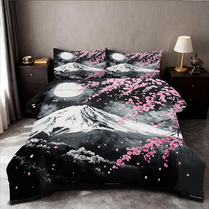 Japanese Cherry Blossom Comforter Set Full Grey Pink Floral Bedding Set for Japan Decor Mount Fuji Bedding Soft Lightweight Comforter Sets with 2 Pillowcases