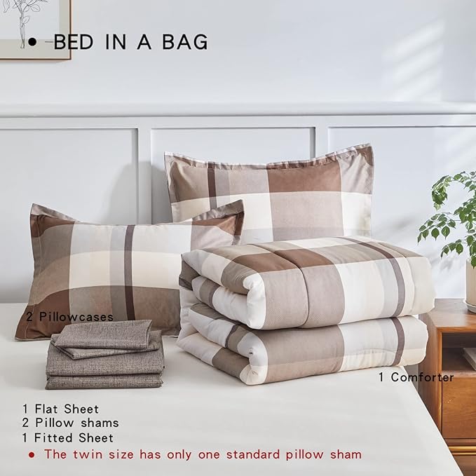 AIKASY Bed in a Bag 7 Piece Queen Size, Brown Plaid Design Soft Microfiber Reversible Bed Comforter Set for All Season (1 Comforter, 2 Pillow Shams, 1 Flat Sheet, 1 Fitted Sheet, 2 Pillowcases)