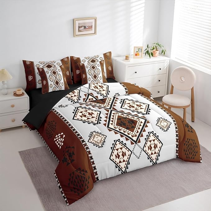 Erosebridal Farmhouse Aztec Bedding Set Full 7-Piece Rustic Vintage Southwestern Comforter Set Western Ethnic Geometric Diamond Bed in A Bag for Kids Boys Men Boho Country Tribal Art Room Decor
