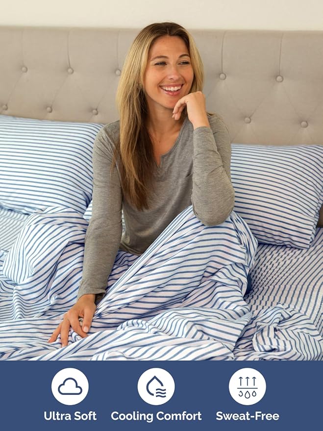 Extra Deep Queen Sheet Set - 6 Piece Breathable and Cooling Sheets - Hotel Luxury Bedding for Women, Men, Kids & Teens - Easy Secure Fit - Soft and Wrinkle Free with Extra Deep Pockets - Blue Stripes