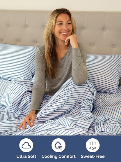 Extra Deep Queen Sheet Set - 6 Piece Breathable and Cooling Sheets - Hotel Luxury Bedding for Women, Men, Kids & Teens - Easy Secure Fit - Soft and Wrinkle Free with Extra Deep Pockets - Blue Stripes