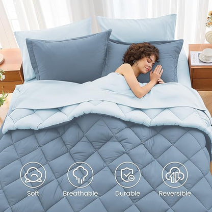 MUXHOMO 7 Pieces Queen Comforter Set, Reversible Bed in a Bag Queen Size, All Season Bedding Set with Comforter, Flat Sheet, Fitted Sheet, Pillowcases & Shams, Mineral Blue & Light Blue