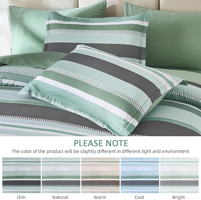 WONGS BEDDING Green Comforter King Size Set, 7 Pieces Bed in a Bag Green and Grey Comforter Set, Soft Boho Striped Bedding Sets with Sheets, Pillowcases & Shams