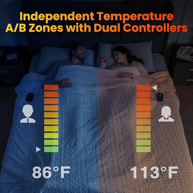 WOOMER Heated Blanket King Size 100" x 90", Electric Blanket with Dual Controls, 0.5-12 Hours Timer & 10 Heating Levels, ETL Certified, White Rose Patterns Faux Fur & Sherpa, Machine Washable