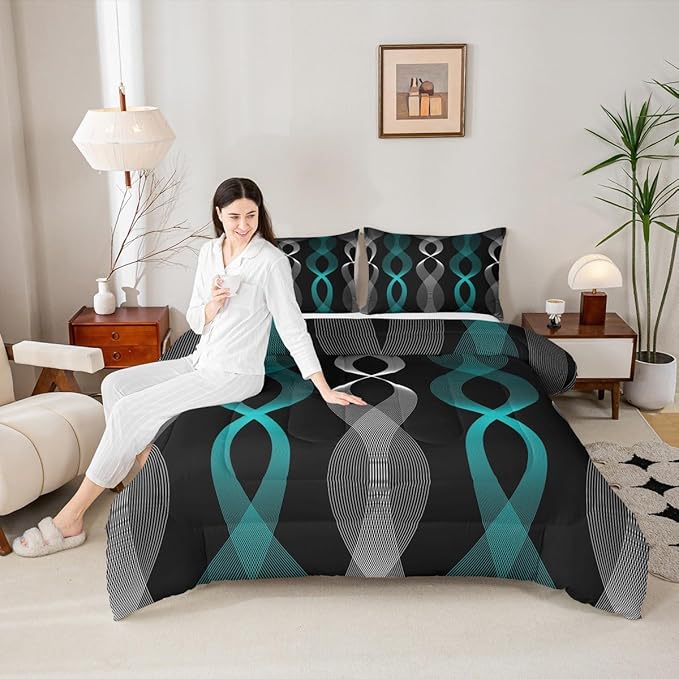 Erosebridal Teal and Black Queen Comforter Set for Men, Teal Striped Bedding Set for Boys Adults, Contemporary Boho Modern Art Abstract Comforter, Gradient Geometric Stripes Aesthetic Quilt