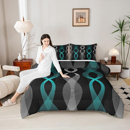Erosebridal Teal and Black Queen Comforter Set for Men, Teal Striped Bedding Set for Boys Adults, Contemporary Boho Modern Art Abstract Comforter, Gradient Geometric Stripes Aesthetic Quilt