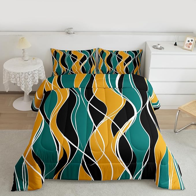 Erosebridal Modern Bedding Twin for Boys Girls Abstract Comforter Set, Black Gold Green Duvet Insert Geometric Lines Quilt Set, Aesthetic Striped Bedding Comforters & Sets Colorful Durable Room Decor