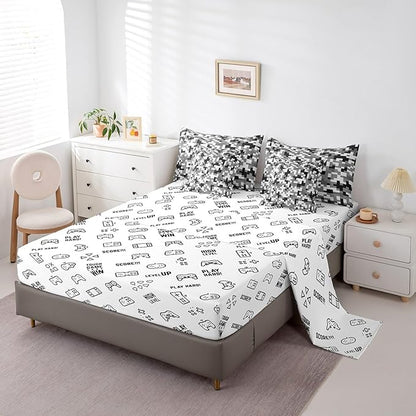 Grey Black Camo 7Pcs Comforter Set King Size,Geometric Pixelated Themed Bedding Set for Kids Girls Boys Teens Room Decor,Modern Camouflage Fitted Flat Sheet Video Games 2 Throw Pillow,2 Pillowcases