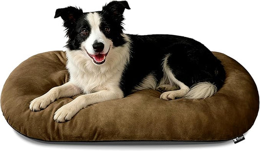 Washable Large Dog Bed 35x22 Inch - Silver Fox Faux Fur Supportive Pad, Non-Slip Bottom Durable Oval Pet Bed Indoor Outdoor for Medium Dogs Cats(Brown)