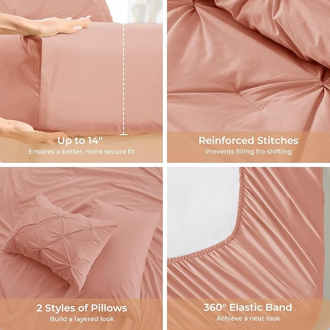 Sasttie King Size Comforter Set, 7-Piece Bed in a Bag, Pintuck Bedding Set for All Season, Includes Comforter, Flat Sheet, Fitted Sheet, Pillowcases and Pillowshams, Blush