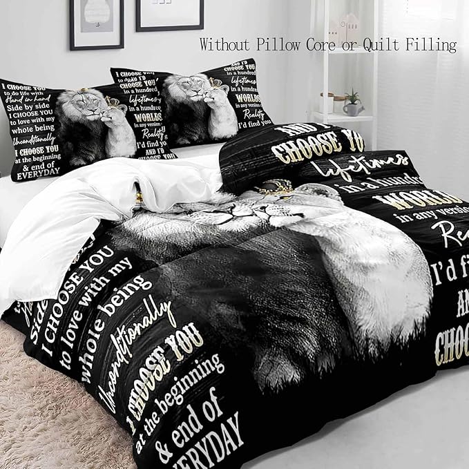 VIVIHOME 3PCS Lion King & Queen Bedding Set, Duvet Cover Full, African Safari Animal Black Bedding, Comforter Cover, Bedroom Decor for Couples, Romantic Lion Couple Gifts, I Choose You, 2 Pillowcases