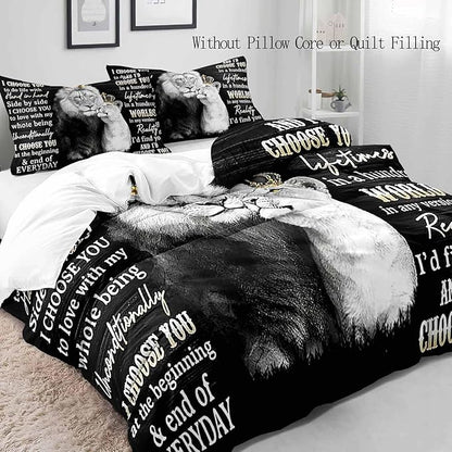 VIVIHOME 3PCS Lion King & Queen Bedding Set, African Safari Animal Black Bedding, Comforter Cover, Wedding Valentines Bedroom Decor for Couples, Romantic Lion Couple Gifts, I Choose You, 2 Pillowcases