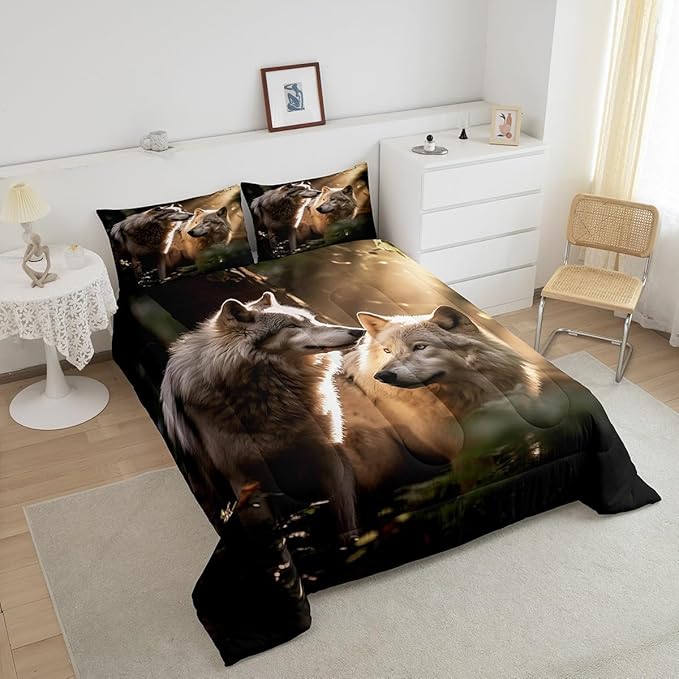 Erosebridal Wolf Queen Comforter Set,Hunting Wolf Bedding Set for Women Men Room Decor,Wildlife Animal Safari Bed Set Ethnic Tribal Bedding Comforter Sets,2 Pillowcases