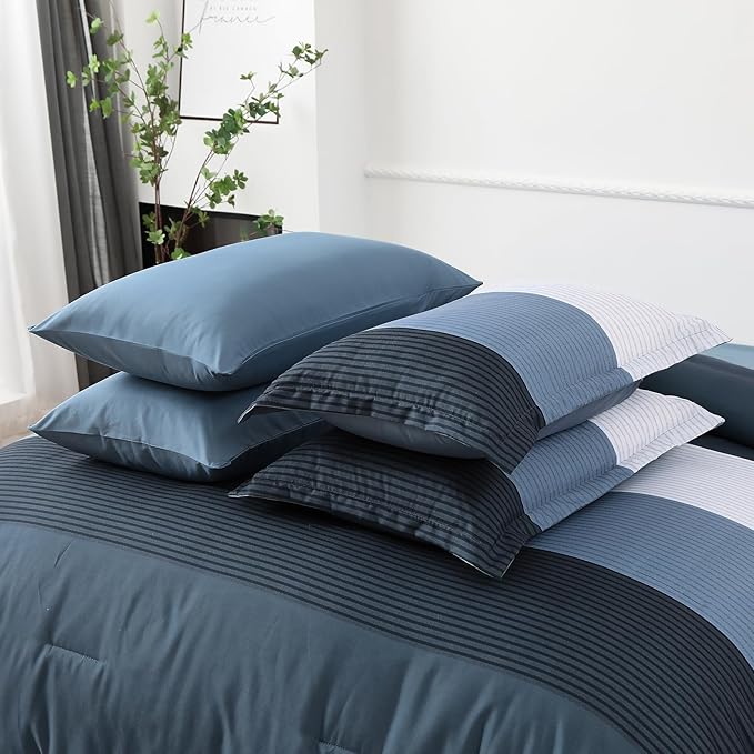 Anibedding Navy Blue Queen Bed in a Bag Comforter Set 7 Pieces Navy Striped Patchwork Bedding Set for Queen Bed, Soft Microfiber Reversible Down Alternative Complete Comforter with Sheet Set