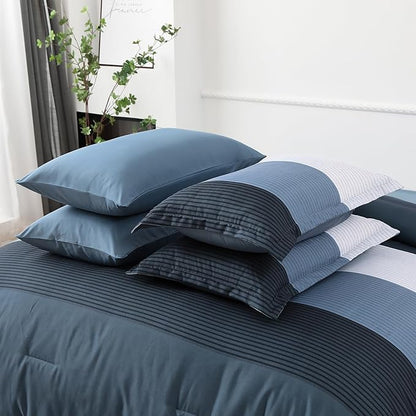 Anibedding Navy Blue Queen Bed in a Bag Comforter Set 7 Pieces Navy Striped Patchwork Bedding Set for Queen Bed, Soft Microfiber Reversible Down Alternative Complete Comforter with Sheet Set