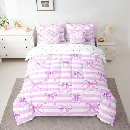 Erosebridal Bow Girls Cute Purple White King 7-Piece Comforter Set | Stripe Sheets and Pillowcases Bowknot Kawaii Bed in A Bag Geometric Bed Sets