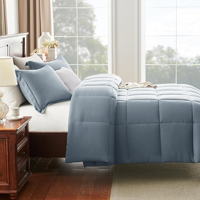 CozyLux Queen Size Comforter Set - Grayish Blue Comforter Queen Size, 3 Pieces Box Stitched Bed Set for All Seasons, Soft Lightweight Bedding Sets with 1 Down Alternative Comforter and 2 Pillow Shams